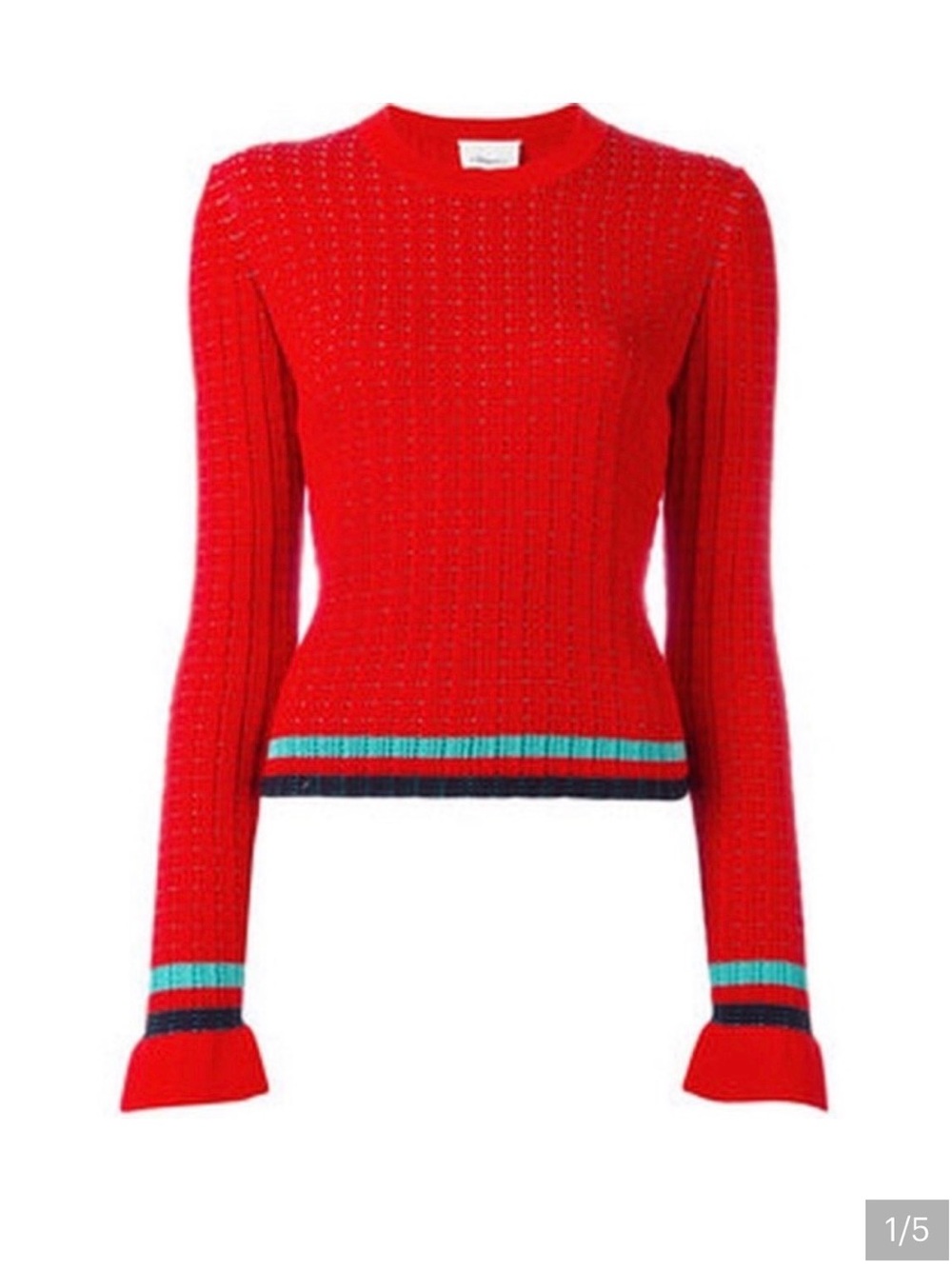 3.1 Phillip Lim Red Ribbed Sweater with Teal & Navy Stripe Accents